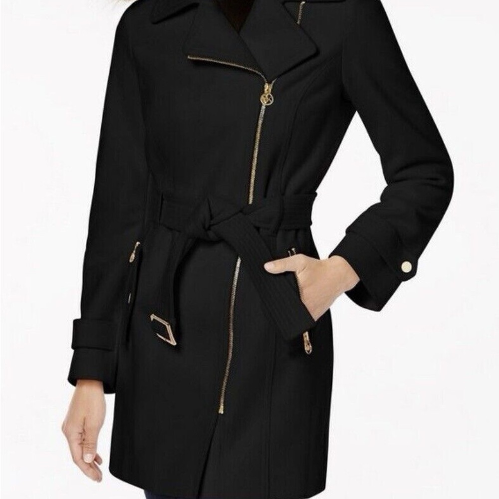 MICHAEL Michael Kors Black Trench Coat with Gold Accents